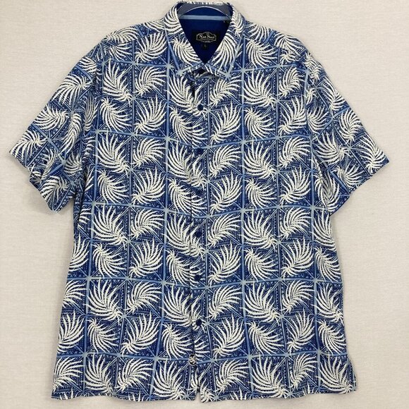 Nat Nast Blue White Leaf Print Silk Cotton Blend Short Sleeve Button Down Large - Picture 1 of 12